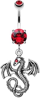 Pierced Owl Stainless Steel Dragon Belly Ring with Cubic Zirconia Crystals - Dazzling Dangling Design for Everyday Elegance