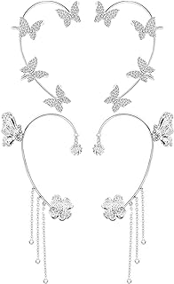 2 Pairs Dainty Silver Butterfly Ear Cuffs & Wraps for Women Non Piercing Bling Butterfly Tassel Style Zircon Earrings Ear Clips Bridal Wedding Jewelry