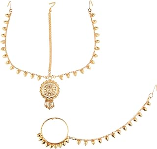 Efulgenz Gold Tone Indian Jewelry for Women Bridal Hair Jewelry for Women Dubai Style Matha Patti with Indian Nose Rings Hoop with Chain Nath Nathni Nose Pin Stud Fake Septum Ring Gold Tone Floral Maang Tikka Headpiece Hair Accessories