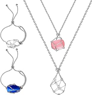 4 Pcs Crystal Stone Holder Necklace + Adjustable Crystal Bracelet Holder, Stainless Steel Empty Stone Crystal Holder Necklace Cage Mesh Pendant Necklace DIY Jewelry Accessories for Women Men