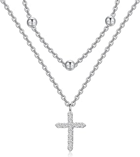 Pave Diamond Cross and Heart Pendants with Cable Chain Necklace in Sterling Silver for Women - Spring Ring Clasp and Dainty Design