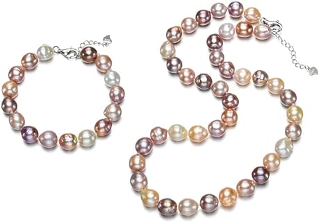 Exquisite 8.5-10mm Multicolored Freshwater Cultured Pearl Necklace & Bracelet Set with Sterling Silver Lobster Clasp - PremiumPearl