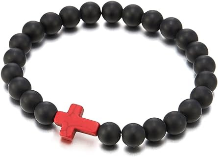 COOLSTEELANDBEYOND Unisex Stretchable Bead Chain Prayer Beads Bracelet with Cross Charm and Black Onyx