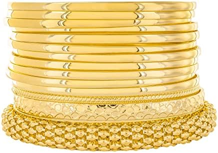 14K Gold and Rhodium Plated Plus Size Bangle Bracelet Collection - Durable and Stylish Set of 15 Multi-Texture Designs