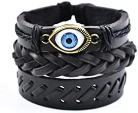 3pcs Evil Eye Woven Ethnic Tribal Rope Leather Surfer Bracelet for Men Women Real Leather Braided Cuff Wrap Wristband String Wave Biker Religious Black BFF Bracelets