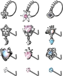 JOERICA 12 Pcs 20G Dangle Nose Rings for Women Nose Stud L Shaped Stainless Steel Nose Ring Hoops Butterfly Heart Moon Flower Evil Eye Crown CZ Dangling Nose Piercing Jewelry
