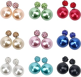 AHIER 9 Pairs Bling Rhinestone Polymer Clay Studs Pearl Button Earrings, Double Ball Earring, Jewelry Piercing Ear Ring