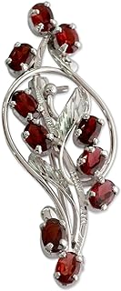 NOVICA Handmade Garnet Floral Brooch Pin .925 Sterling Silver from India Red Aurora Birthstone [2.1 in L x 0.8 in W] 'Elegant Passion'