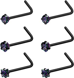 20G 18G Nose Rings Studs Stainless Steel Nose Rings for Women Men Round CZ Nose Bone L Shaped Screw Nose Stud Ring Set Nostril Piercing Jewelry Silver Gold Black