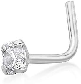 Lavari Jewelers 20 Gauge L-Shape Nose Stud Ring for Women in 14k White Gold with 2 mm or 3 mm Cubic Zirconia
