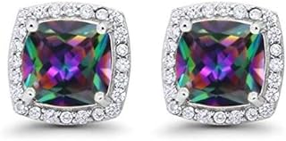18k White Gold Plated Princess Cut Mystic Topaz Stud Earrings with Push Back by Paris Jewelry, Perfect for Refined Jewelry Lovers