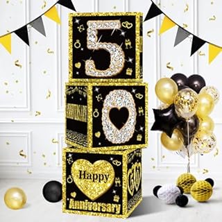 Zirtorei Anniversary Party Decorations - 50th Wedding Anniversary Paper Boxes in Vintage Black and Gold Theme with Diamond Patterns and Foldable Design