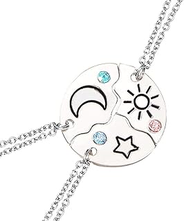 Hifot Collier d'Amitié pour 3 Filles en Vitrail avec Pendentif Soleil et Lune, Chaîne Réglable de 51 cm, Cadeau Idéal pour Sœur et Amies pour Anniversaire ou Remise de Diplôme