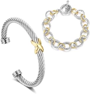 Toggle Clasp Two-Tone Cuff Bracelet and Link Chain Set for Women, Stylish Twisted Cable Design, 14K Gold Plated Hypoallergenic Copper Jewelry - Perfect Gift for Her