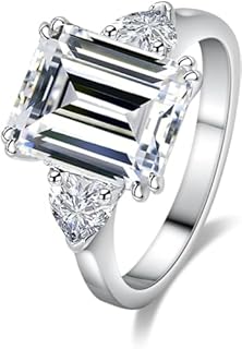 Emerald Cut 4 Carat Moissanite Engagement Ring for Women, D Color VVS1 Lab Created Diamond, Sterling Silver Band Wedding Ring with Certificate