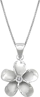 Honolulu Jewelry Company Sterling Silver CZ Plumeria Flower Nature Pendant Necklace with 18" Box Chain