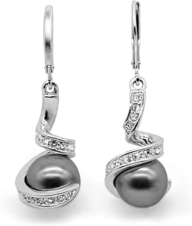 Mimei Boucles d'oreilles Pendantes en Argent 18K, Perles Grises et Cristal, Taille 1.5cm x 0.5cm, Cadeau Élégant pour Femmes et Filles