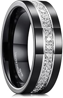 Polished Black Tungsten Carbide Wedding Ring with Cubic Zirconia for Men - Flat Style
