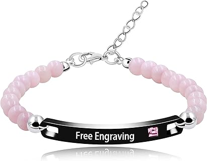 Handmade Natural Stone Personalized Name Identity Bracelets for Women Men with Pink or Blue Cubic Zirconia, Black or Rose Gold Color Custom Engraving Name Plate Bracelets for Girls Boys Y2590