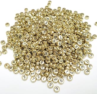 200+ Pieces 4x7mm Gold Round Acrylic Number Letter Beads 0-9 Mixed Plastic Shape Loose Beads for Jewelry Making Bracelets Necklaces Key Chains (Black on Gold)