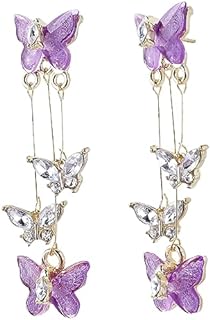 Stunning Purple Butterfly Dangle Earrings with Push Back Design for Women and Girls, featuring Crystal Rhinestone Drops and Long Tassels, Alloy-Made