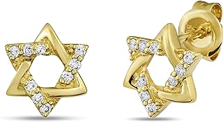 Belantina 14K Gold and Diamond Star of David Pendant Necklace & Stud Earrings Set for Women, Spring Ring Closure Design