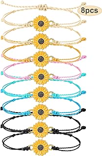 "Hicarer Sunflower Bead Bracelets with Lobster Claw Clasp, Braided Chain for Women and Girls, Boho Design - Set of 8"
