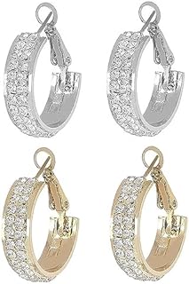 2 Pairs Magnetic, Gold Hoop Earrings with Rhinestones for Women - Lymphatic Drainage, Crystal Prom Earrings for Fashionable Everyday Wear & Health Benefits
