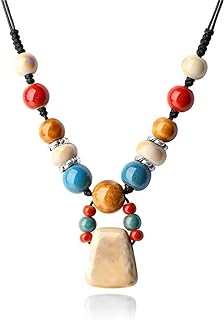 Boho Colorful Ceramic Beads Pendant Necklace,Bohemian Statement String Adjustable Necklace For Women Girls