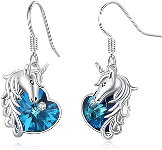 925 Sterling Silver Unicorn Dangle Earrings with French Wire Back and Blue Crystals for Women and Girls