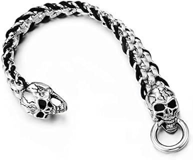 Stainless Steel Skull Bead Bracelet with Spring Ring Clasp for Men - Franco Link Chain Design - Luxurious Black Leather Finish