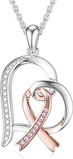 PEIMKO Sterling Silver & Cubic Zirconia Breast Cancer Survivor Necklace with Lobster-Claw Clasp and Rolo Chain Design