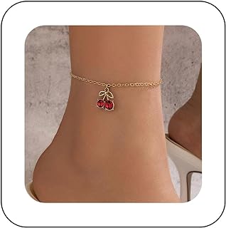Yheakne Vintage Red Cherry Anklet Chain Red Ruby Dangle Ankle Bracelet Gold Chain Anklet Bracelet Summer Beach Foot Chain Jewellery for Women and Girls