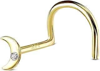 Women's COCHARM 14k Solid Gold Cute Moon Nose Stud with Cubic Zirconia, Hypoallergenic Yellow Gold Nose Ring for Piercing