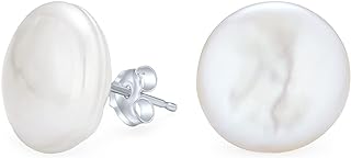 Baroque Irregular Round Coin Shaped Bridal White Biwa Coin Freshwater Cultured Pearl Stud Earrings For Women .925 Sterling Silver