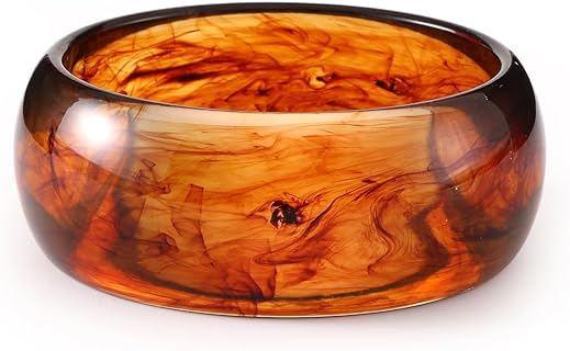 Viva Joya Round Resin Acrylic Bangle Bracelet for Women Teen, Statement Chunky Wide or Slim Plastic Bangle Bracelet, Geometric Marble White Brown Teal Jewelry Gift