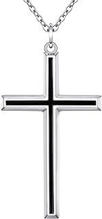 Spring Ring Clasp Black Cross Pendant S925 Sterling Silver Necklace for Men with Rolo Chain and Cubic Zirconia in Faith Symbol Design