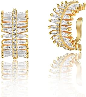 14K Gold-Plated Cuff Earrings with Cubic Zirconia, Feather, Star, Butterfly Design & Snap-Back, No Piercing Required