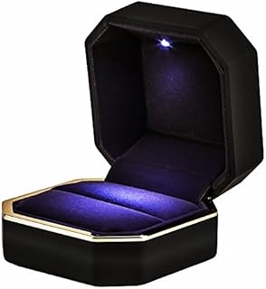 Luxury Ring Box, Square Velvet Wedding Ring Case Jewelry Gift Box with LED Light for Proposal Engagement Wedding, Black