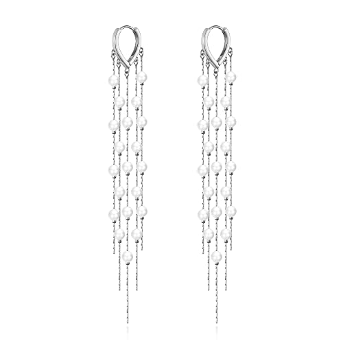 Long Pearl Earrings for Women 14k Gold Plated Pearl Dangle Tassel Earrings Sterling Silver Post Long Pearl Drop Earrings for Prom