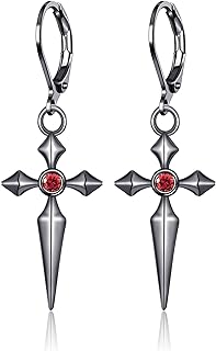 Black Brass Gothic Earrings with Cubic Zirconia and Lever Back Design for Women - Black Rose Flower/Ruby Heart Design