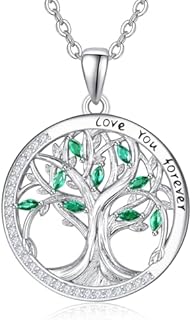 Emerald Crystal Tree of Life Necklace in Sterling Silver with Cable Chain and Box Clasp for Women and Girls