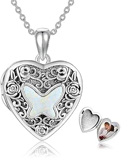 URONE 925 Sterling Silver Opal Butterfly Heart Locket Necklace with Cable Chain - Cherished Memory Holder for Women