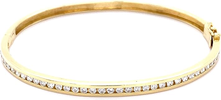 14 karat solid yellow gold hinged diamond line tennis bangle bracelet.