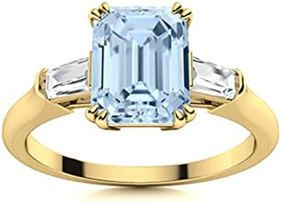 MOONEYE 7X5 MM Radiant Cut Aquamarine Gemstone Side Stone Baguette 925 Sterling Silver Three Stone Engagement Ring