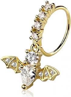 Pierced Owl 20GA 316L Stainless Steel CZ Crystal Lined Hoop with Dangling Bat Charm Bendable Nose Ring