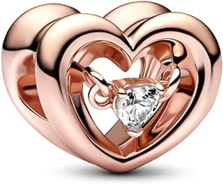14k Rose Gold-Plated Floating Charm Bracelet with Cubic Zirconia, Heart Design for Women, Pandora Radiant Heart Series, Imported from Thailand