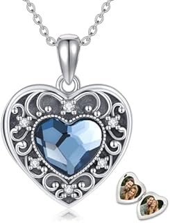 YFN Heart Crystal Locket Necklace Sterling Silver Filigree Heart Locket Necklace that Holds Pictures for Women Girls Jewelry