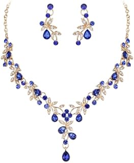 Crysdue Wedding Bridal Jewelry Set for Women, Teardrop Crystal Leaf Cluster Statement Necklace Chandelier Dangle Earrings Costume Jewelry for Prom Party Blue Gold-Tone