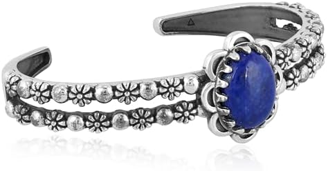 Vintage Native American Lapis Lazuli Cuff Bracelet with Sterling Silver Detailing for Women, Elegant Wildflower Design